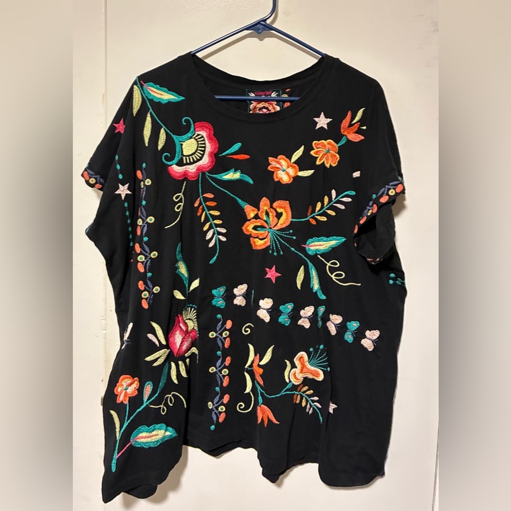 Johnny Was Black Top with Colorful Embroidery